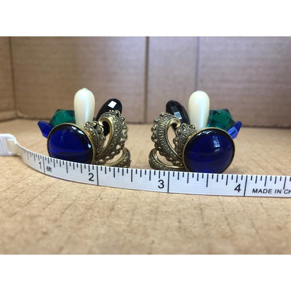 Vintage Clip On Earrings Peacock Ornate Blue Green Pearl Elegant - Picture 3 of 8
